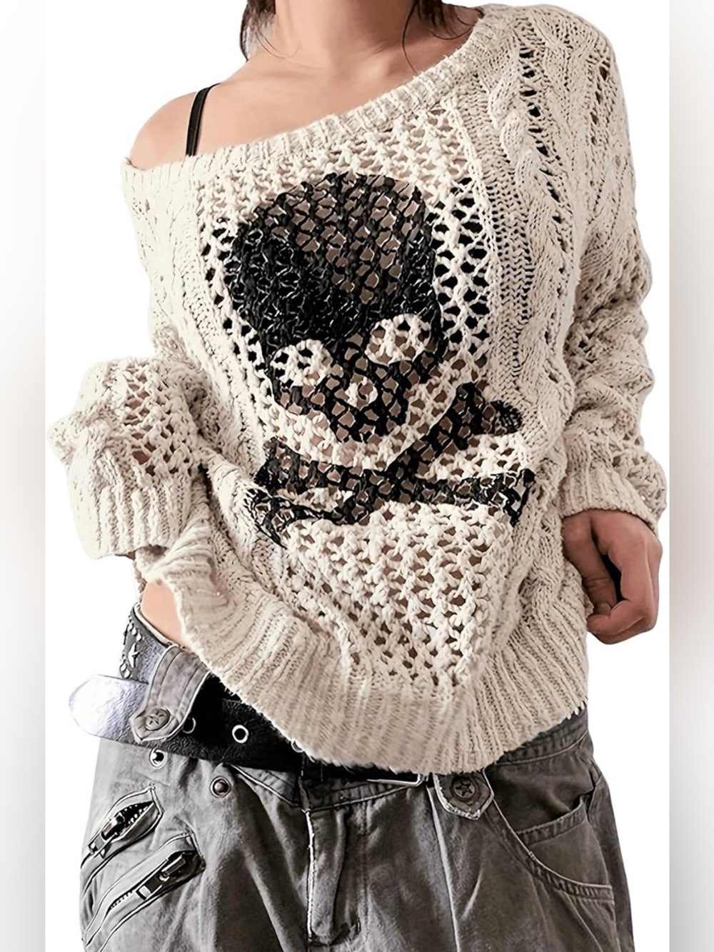 Cream skull knit sweater new nwt goth crossbones goth summer